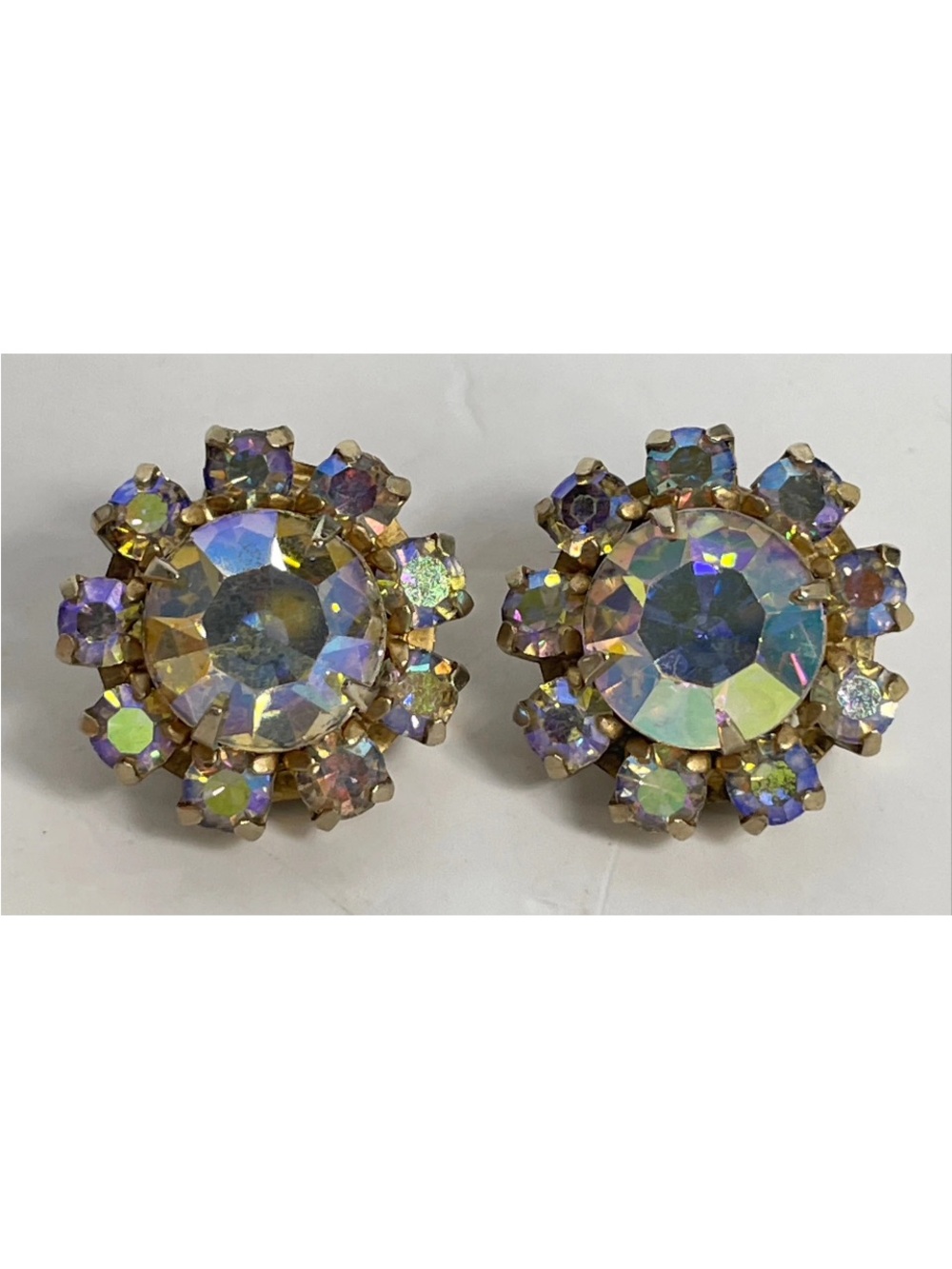 Aurora-Effect Crystal Cluster Clip-On Earrings - Gold Tone